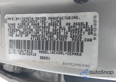 2003 Toyota Camry Le из США, поврежденный, VIN 4T1BE32K13U147057